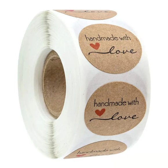 NEW 500pcs/roll Handmade With Love Stickers Script - Dark Brown Kraft Labels - Picture 1 of 1